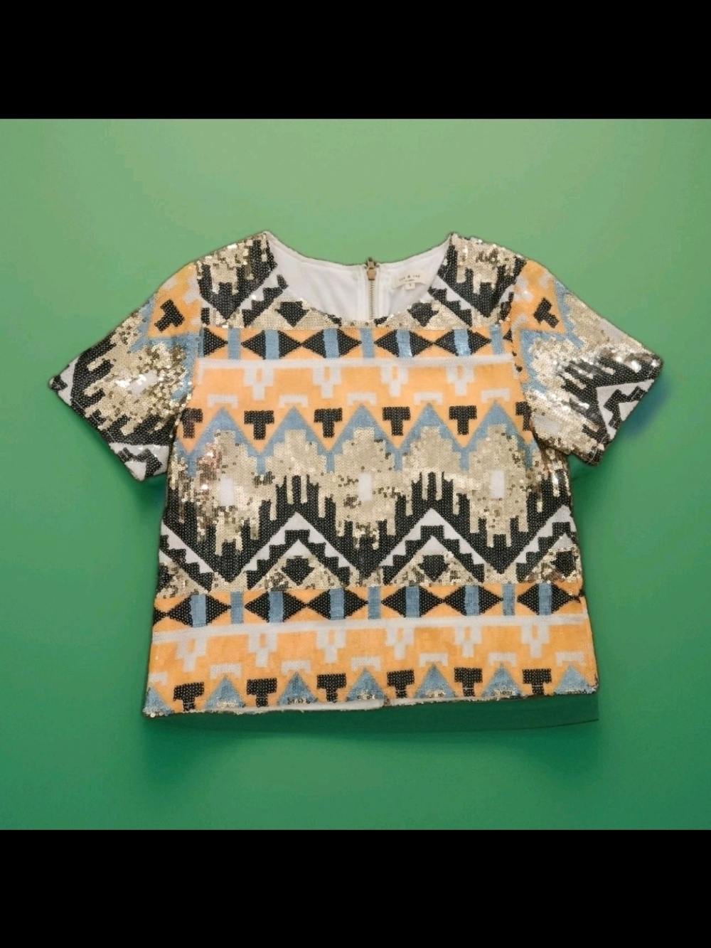 Sequin Aztec Pattern Short Sleeve Top - Orange, Black & Blue Y2K